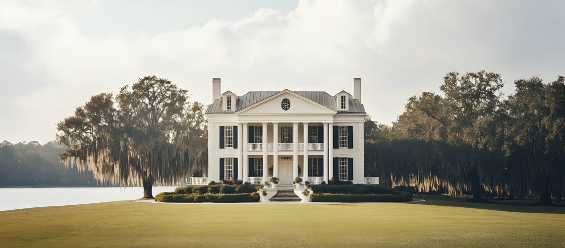 Lowcountry South Carolina plantation house with ancient live oaks and riverfront views, classic southern estate with wrap-around verandas
