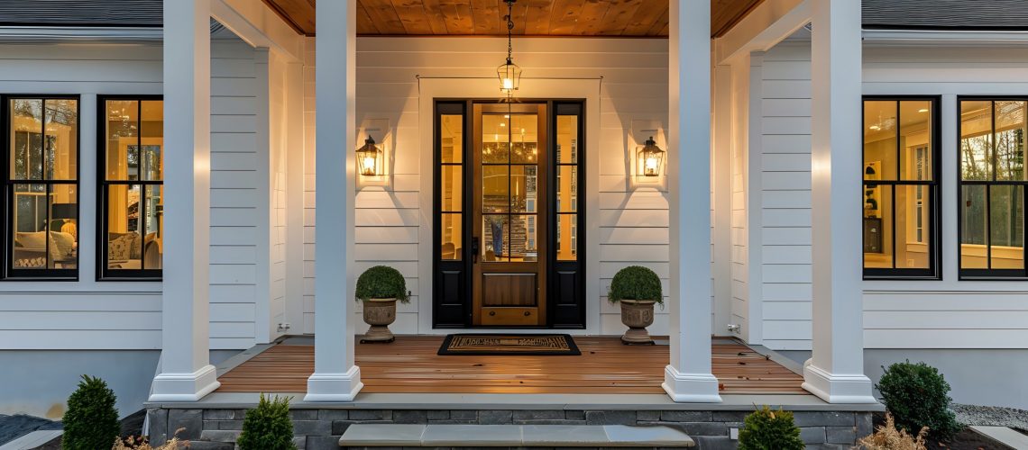 Exterior architecture image of modern farmhouse front door porch