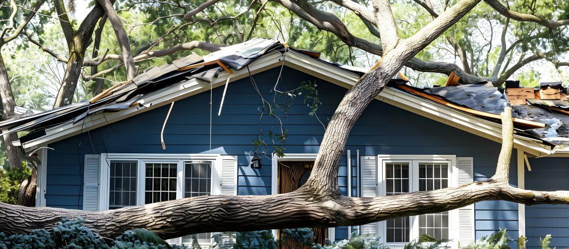 House damaged by fallen tree during storm. Concept Storm Damage, Tree Removal, Home Repairs, Insurance Claims, Dealing with Contractors
